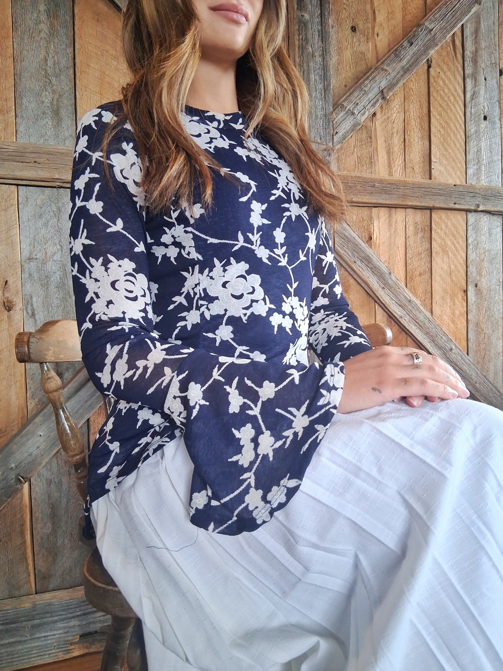 Navy & White Floral Bell Sleeve Top